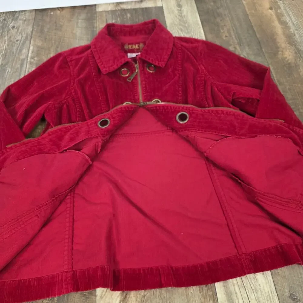 Y2K Red Corduroy Jacket Double Zip Military Utility Coat Plus Size 1X